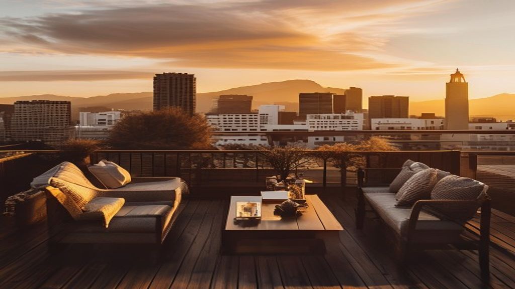 Cape Town rooftop terrace at golden hour with premium lifestyle décor